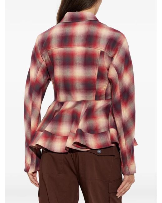 Ganni Red Check-Pattern Peplum-Hem Shirt