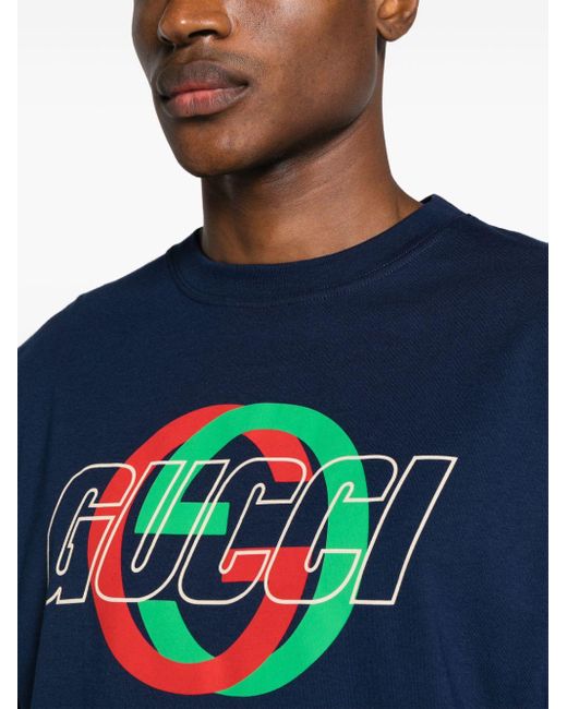 T-shirt en coton à logo imprimé Gucci pour homme en coloris Blue