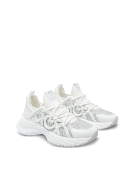 Pinko White Ariel Crystal-Embellished Lace-Up Sneakers