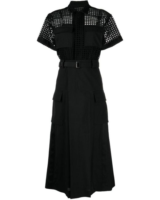 Vestido midi con capas perforadas Sacai de color Black