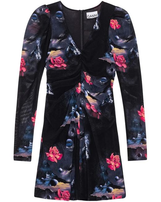 Ganni Geplooide Mini-Jurk Met Grafische Print in het Blue