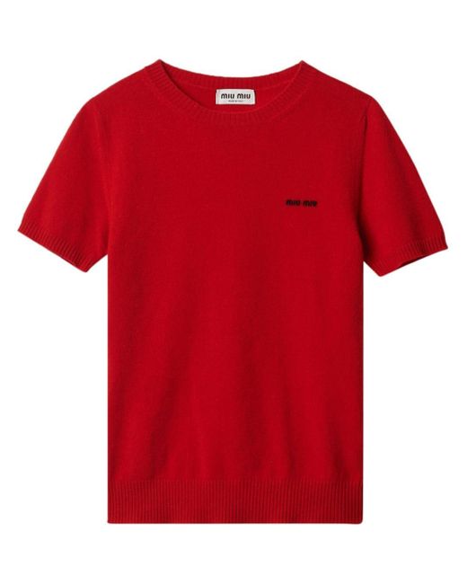 Miu Miu Red Logo-intarsia Knitted Cashmere Top