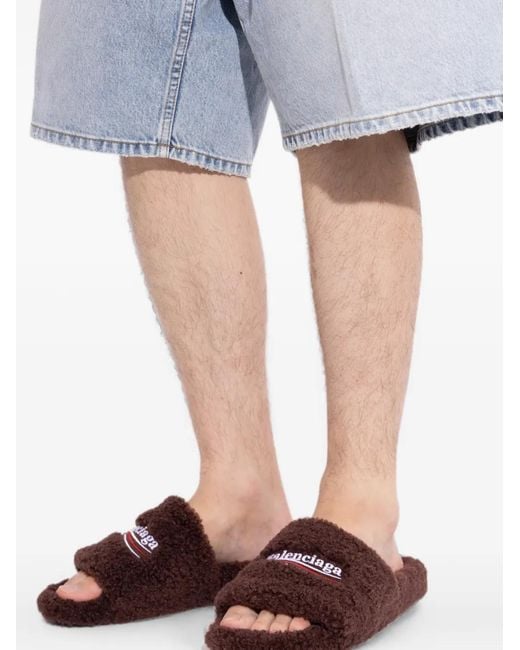 Balenciaga Brown Logo-Embroidered Faux-Fur Slides for men
