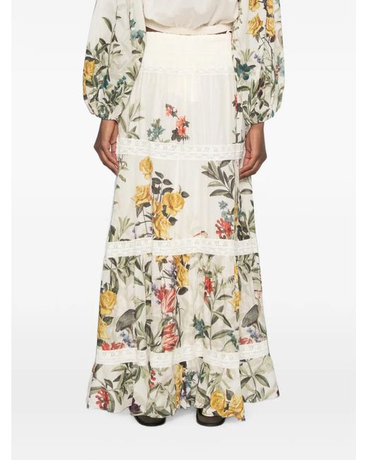 Alice + Olivia White Floral-Print Tiered Maxi Skirt