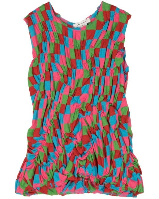 Comme des Garçons Red Check-Pattern Ruched Top