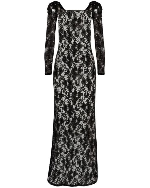 Nina Ricci Black Bow-Embellished Sequinned Lace Gown