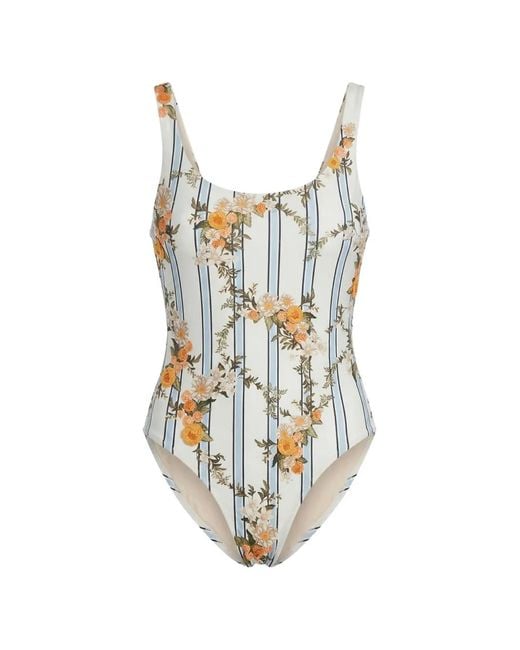 Agua Bendita White Gema Valle Floral-Print Striped Swimsuit