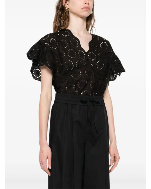 Twinset Black Broderie-Anglaise Cap-Sleeve Blouse