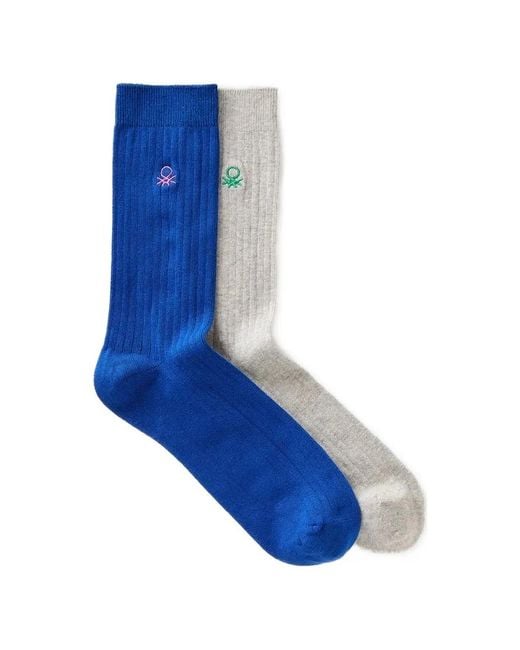 Benetton Blue Logo-Embroidered Ribbed Socks (Two-Pack) for men