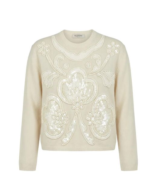 Valentino Garavani White Sequin-Embellished Floral-Patch Sweater for men