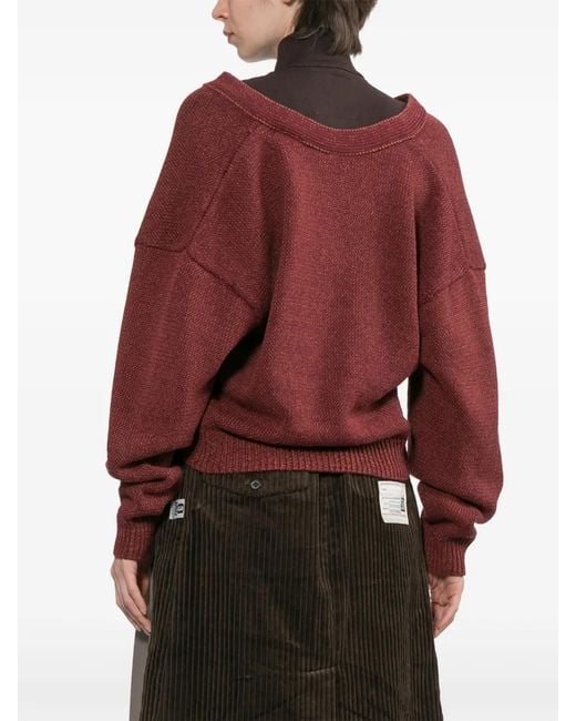Maison Mihara Yasuhiro Red Distressed Cable-Knit Cardigan