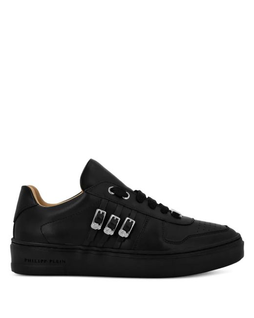 Philipp Plein Black Skull-Appliqué Leather Sneakers