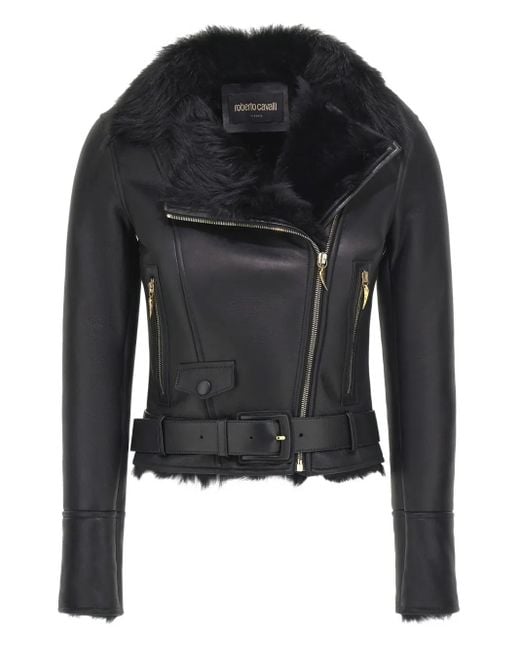 Roberto Cavalli Black Shearling Leather Jacket