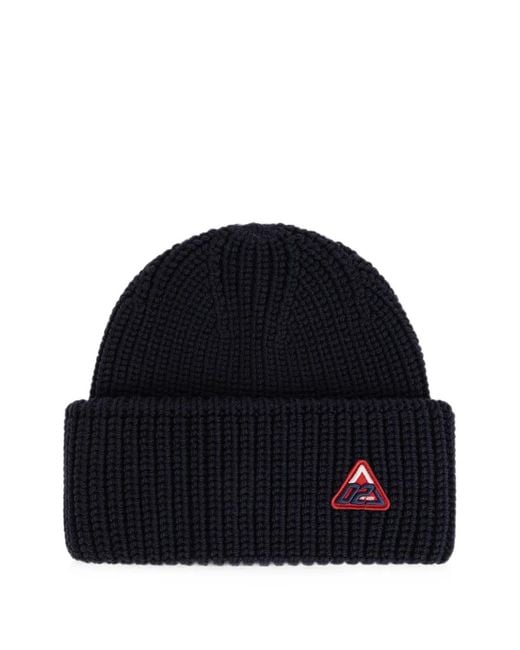 DSquared² Blue Logo-Patch Ribbed-Knit Beanie Hat for men