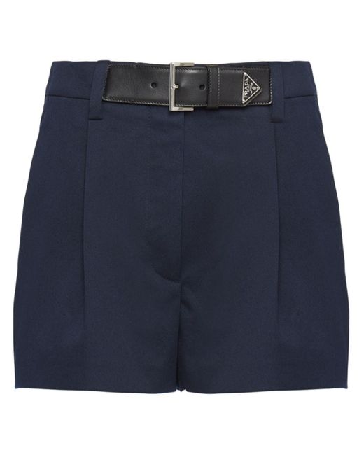 Prada Blue Pleated Gabardine Mini Shorts