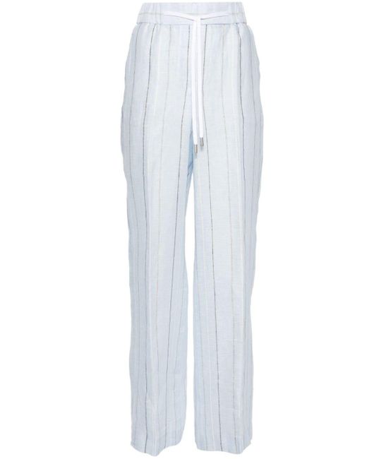 Peserico White Pinstriped Linen Straight Trousers