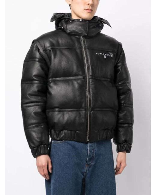 ROMEO HUNTE Black Pebbled-Texture Leather Puffer Jacket