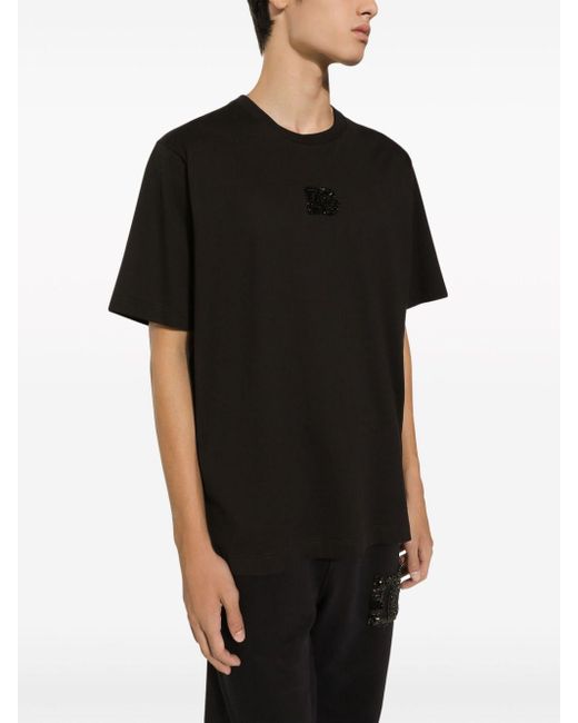 Camiseta de algodón con parche DG de strass Dolce & Gabbana de hombre de color Black