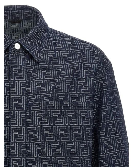 Fendi Blue Monogram-Pattern Shirt Jacket for men