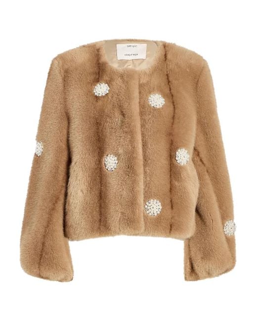 Cinq À Sept Natural Pearl-Embellished Faux-Fur Coat