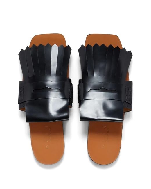 Marni Black Fringed Leather Flat Sandals