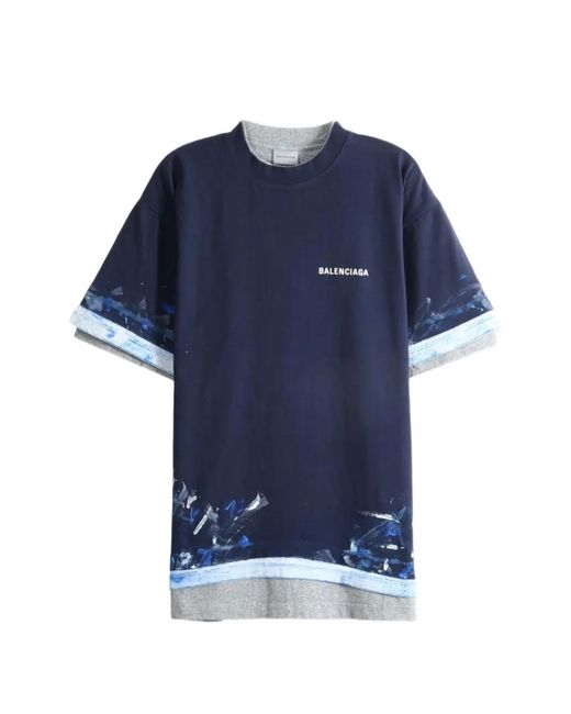 Balenciaga Blue Layered Paint-Splatter T-Shirt for men