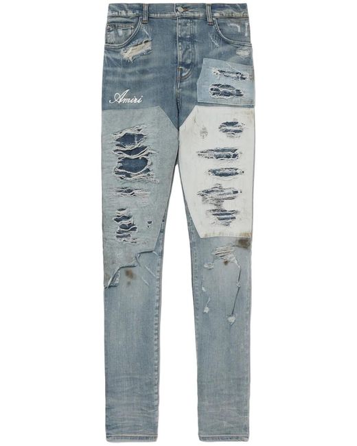 Amiri Blue Logo-Print Distressed Jeans for men