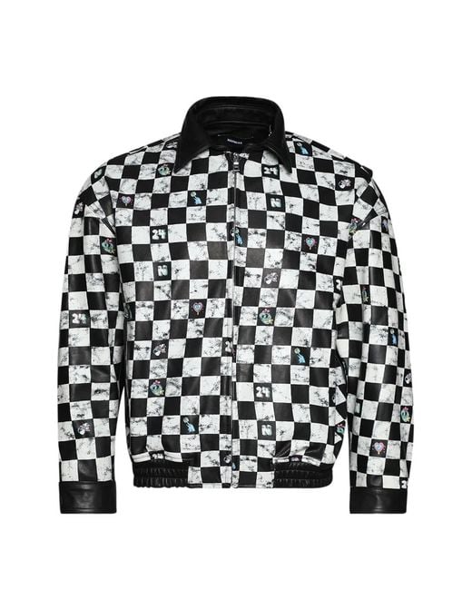 NAHMIAS Black Checkerboard-Print Leather Jacket for men