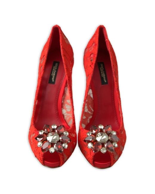 Dolce & Gabbana Red Taormina Lace Crystal-Embellished Peep-Toe Pumps