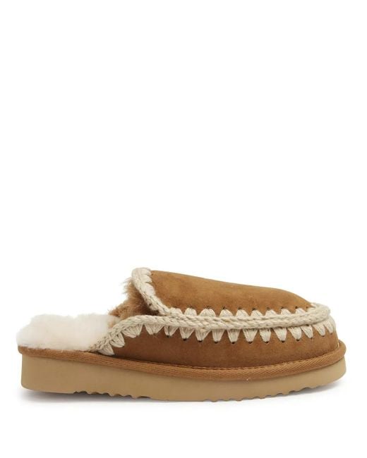 Mou Brown Shearling Crochet-Trim Slip-On Slippers