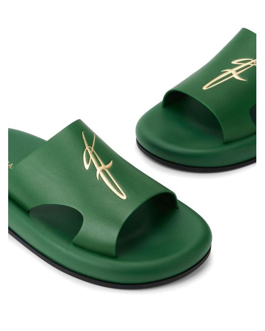 Ferragamo Green Logo-embossed Leather Slides for men