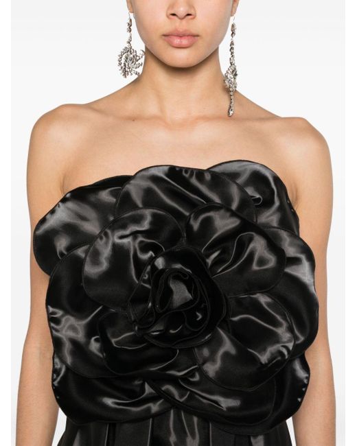 Nissa Black Floral-appliqué Flared Midi Dress