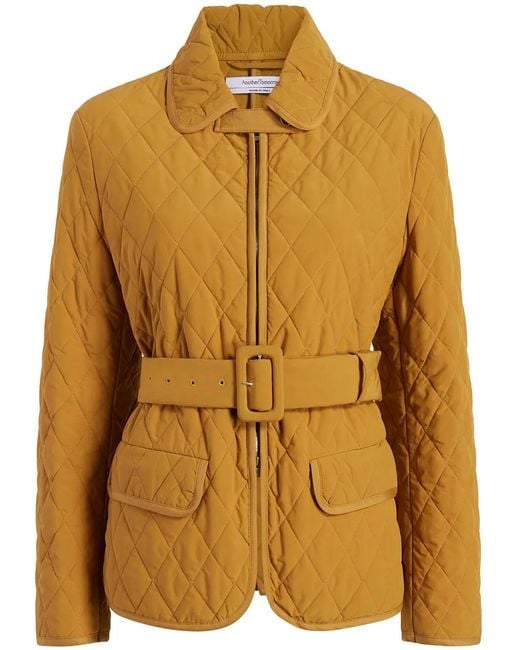 Another Tomorrow Yellow Diamond-Quilted Belted Puffer Jacket