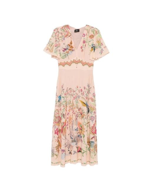 Etro Pink Floral Print V-Neck Dress