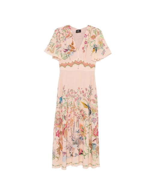 Etro Pink Floral Print V-Neck Dress