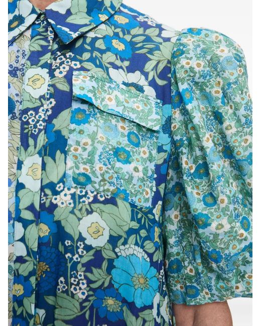 ALÉMAIS Maxi-Jurk Met Pofmouwen En Bloemen in het Blue