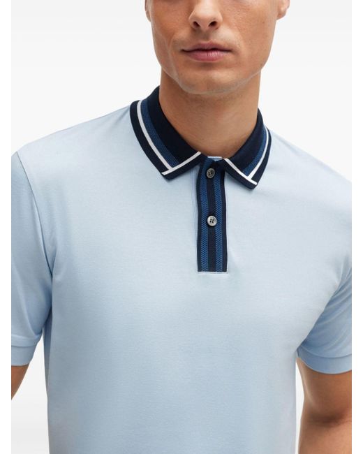 Boss Blue Stripe-trim Cotton Polo Shirt for men