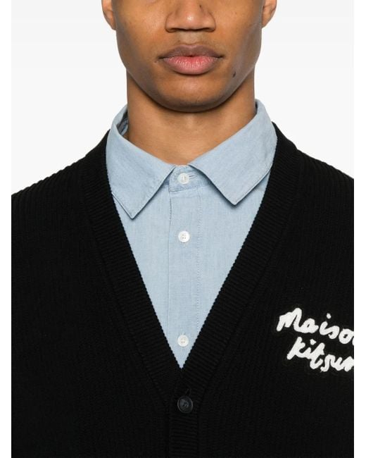 Maison Kitsuné Black Handwriting-Embroidered Ribbed Cardigan for men