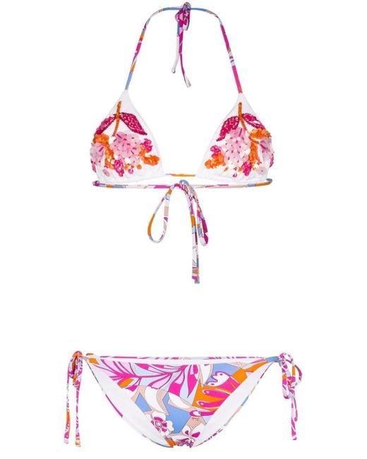 Emilio Pucci Pink Sequinned Floral-print Triangle Bikini