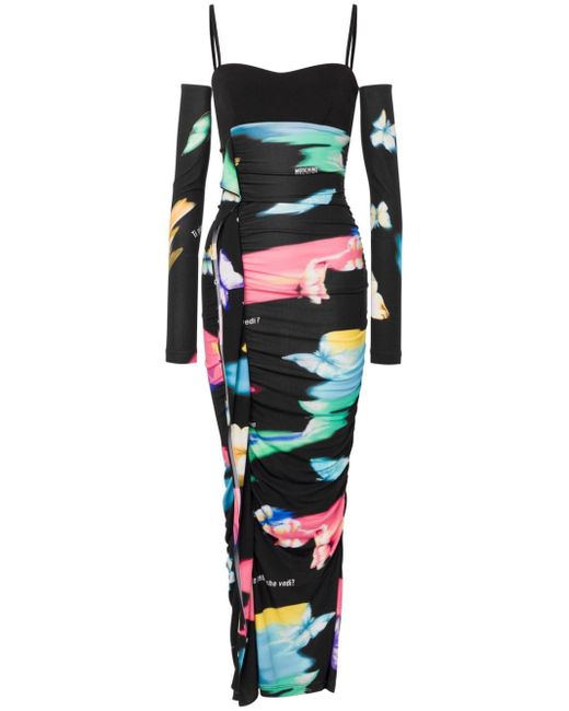 Moschino Jeans Black Printed Ruched Maxi Dress