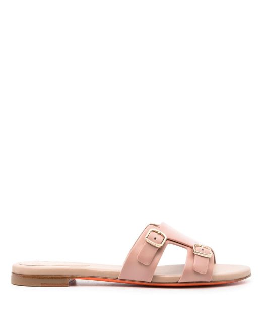 Santoni Double-strap Flat Leather Sandals in Pink | Lyst