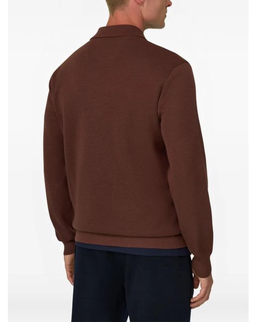 Boggi Brown Knitted Polo Shirt Quarter-Zip Wool Blend Wooltech for men