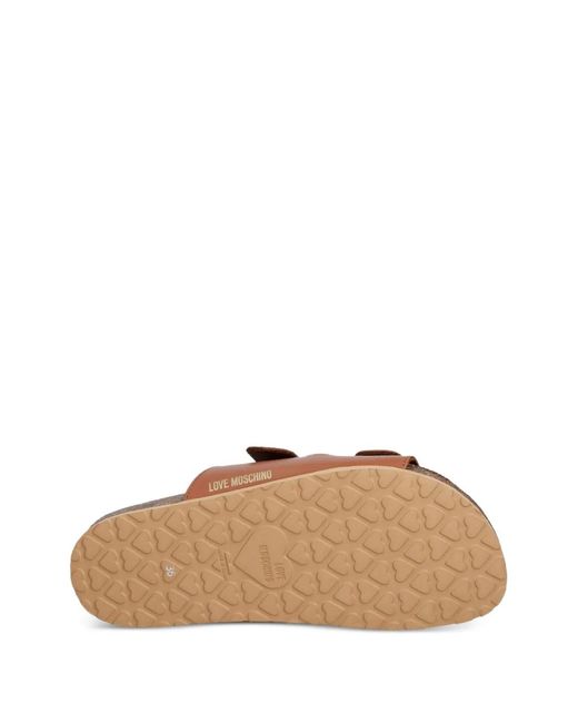 Love Moschino Brown Heart-Buckle Leather Slides