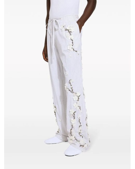 Dolce & Gabbana White Floral-Appliqué Cotton Trousers for men