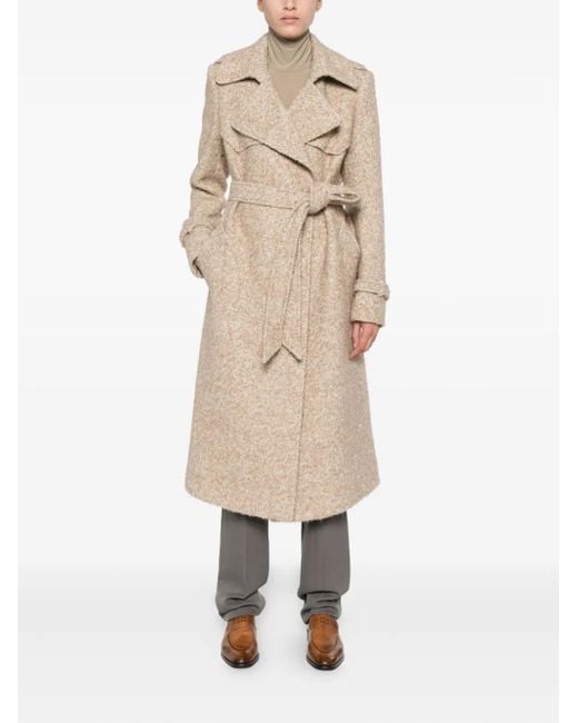 Tagliatore Natural Belted Herringbone-Pattern Coat