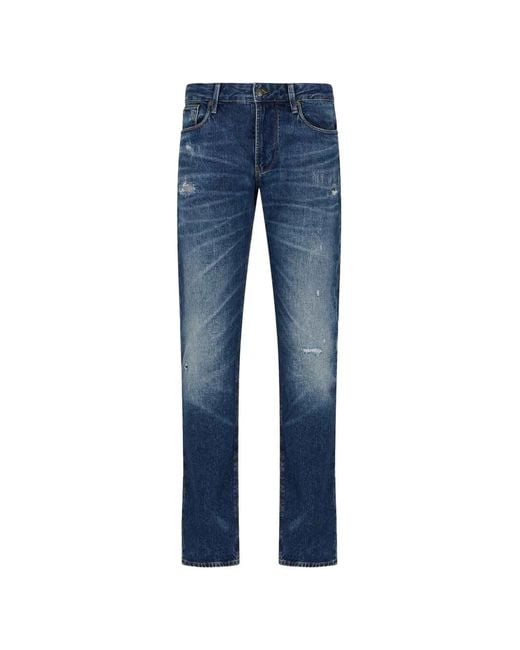 Emporio Armani Blue Distressed Whiskered Jeans for men