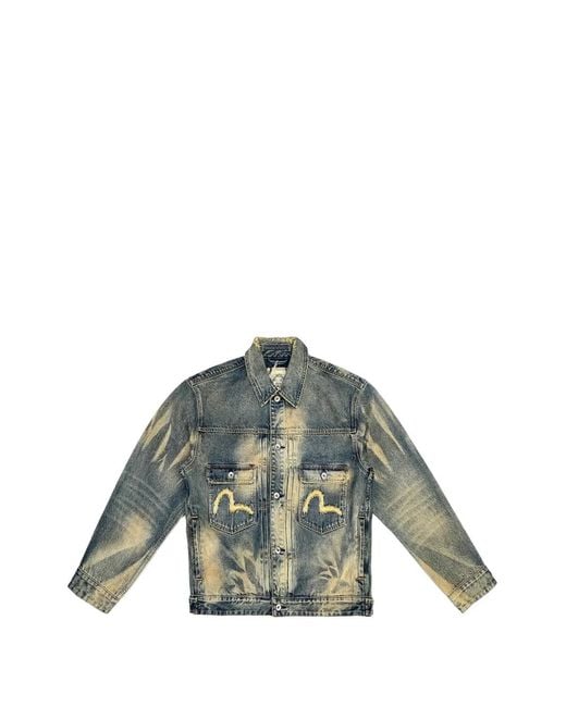 Evisu Blue Seagull Embroidered Abstract-Wash Denim Jacket for men