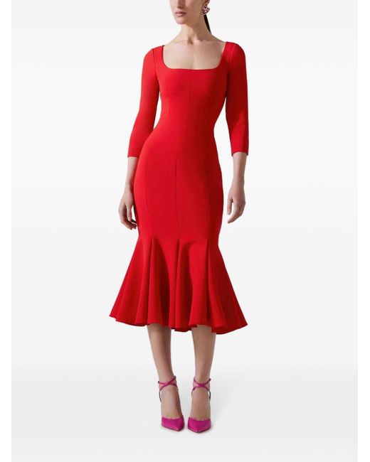 Jupe Midi Carolina Herrera Rose – Taille M, Coupe Godet, Maille Côtelée Viscose/laine, NEUF