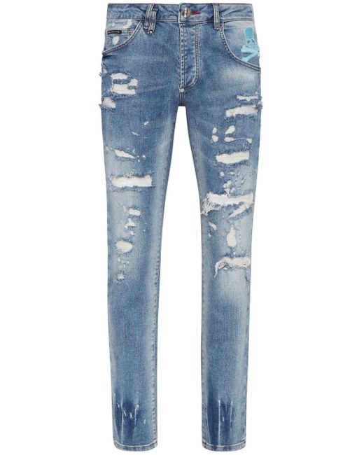 Philipp Plein Straight Jeans Met Doodskopprint in het Blue voor heren