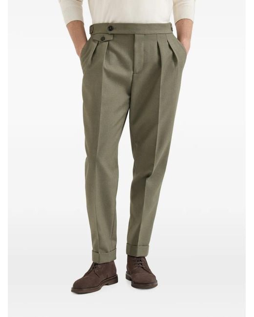 Brunello Cucinelli Green Virgin-Wool Diagonal Trousers With Reversed Double-Pleats And Waist-Tabs for men